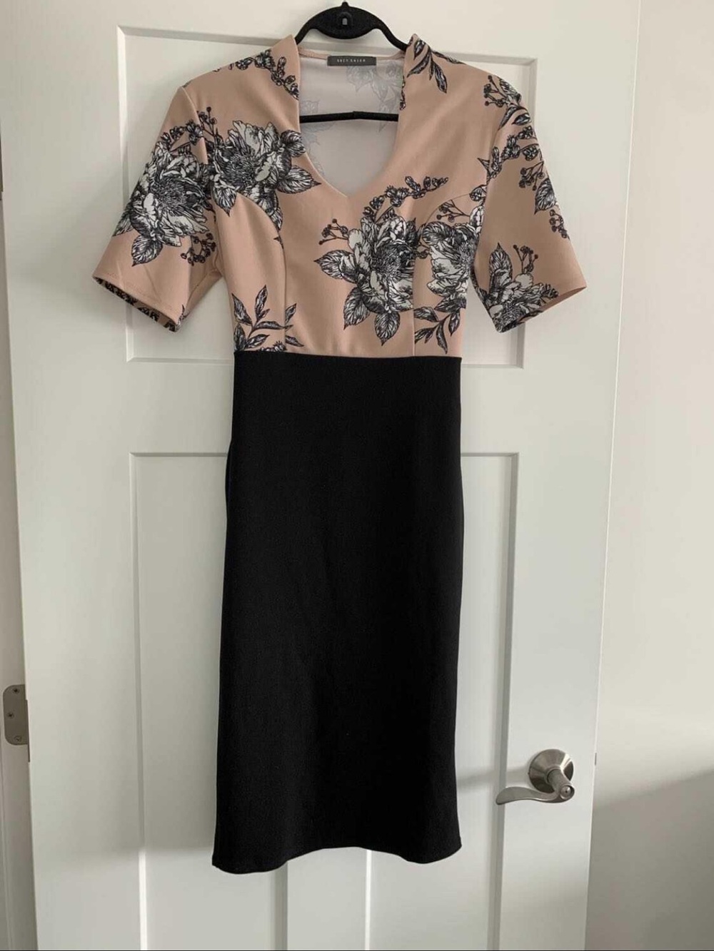 Suzy Shier Blush and Black Floral Midi Dress